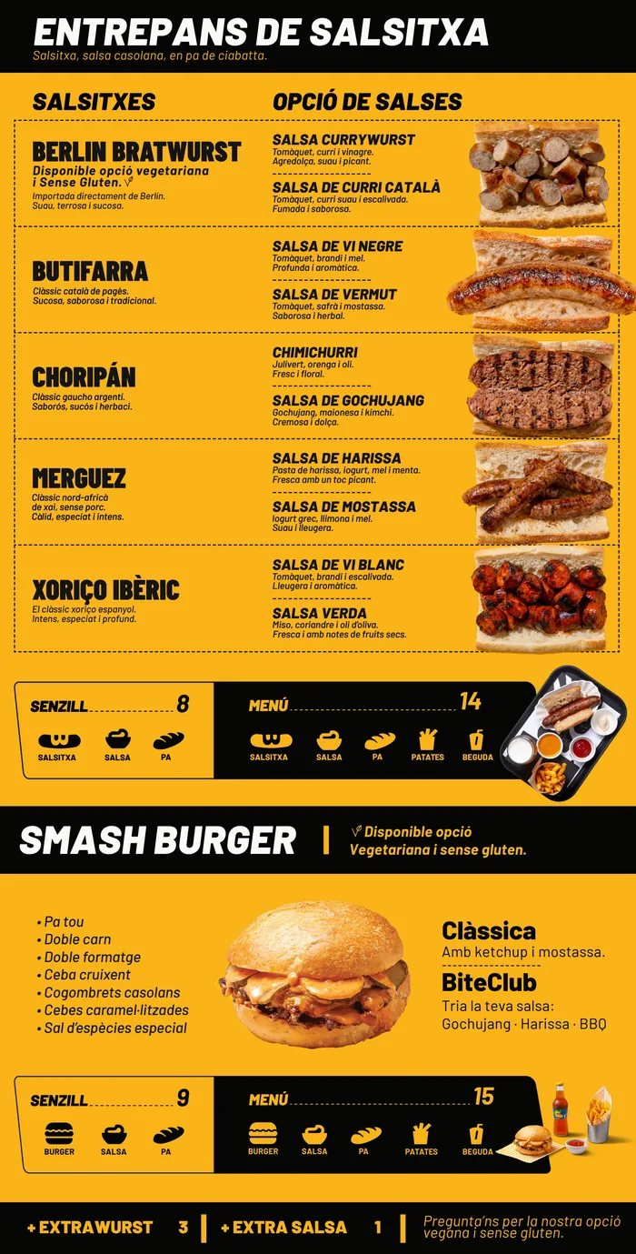 Carta BiteClub: entrepans de salsitxa i smash burger