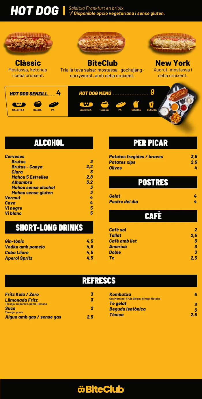 Carta BiteClub: hot dogs, begudes, per picar, postres i cafè