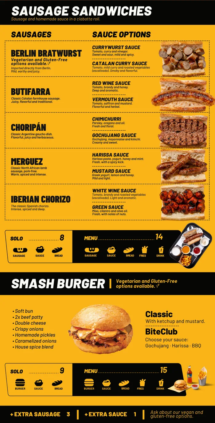 BiteClub menu: sausage sandwiches and smash burger