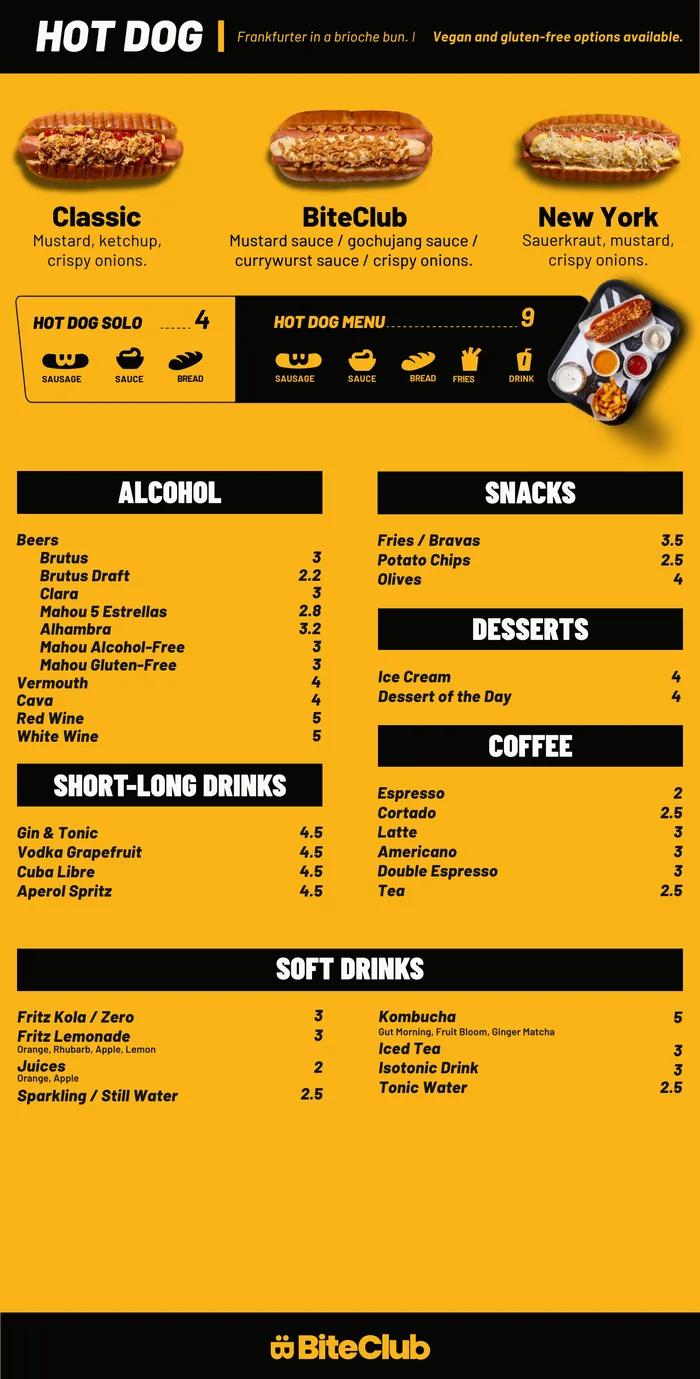 BiteClub menu: hot dogs, drinks, snacks, desserts and coffee