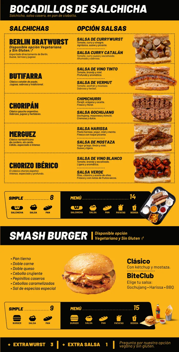 Carta BiteClub: bocadillos de salchicha y smash burger