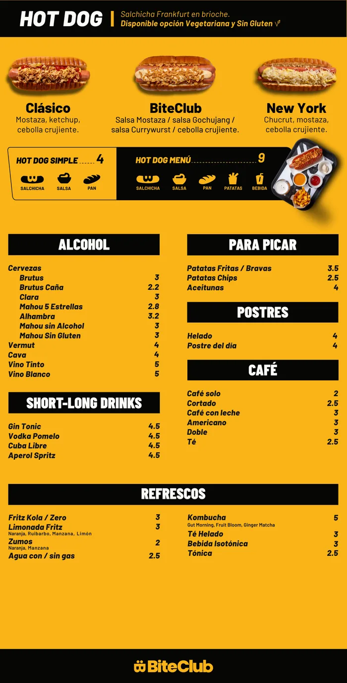 Carta BiteClub: hot dogs, bebidas, para picar, postres y café